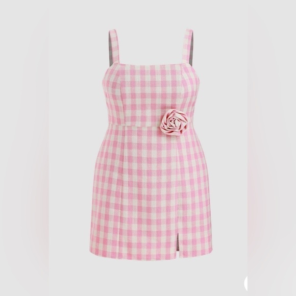 Cider Dresses & Skirts - Cider Pink Gingham Square Neck Rosette Check Split Mini Dress Curve & Plus 1XL